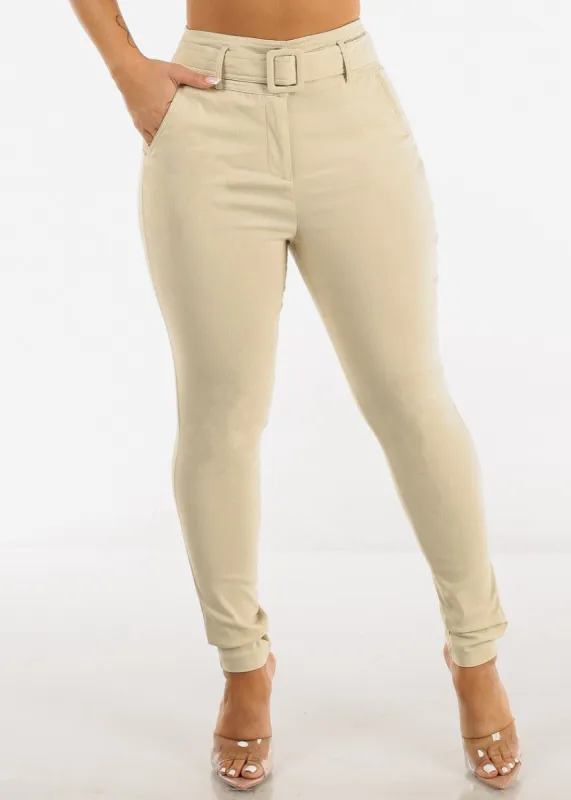 High Waisted Belted Skinny Pants Beige sold by Moda