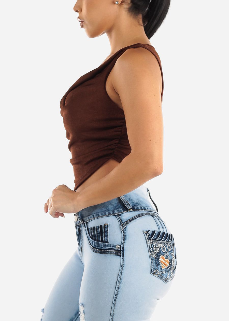 Sleeveless Cowl Neckline Fitted Crop Top Brown sold by Moda product image thumbnail 5