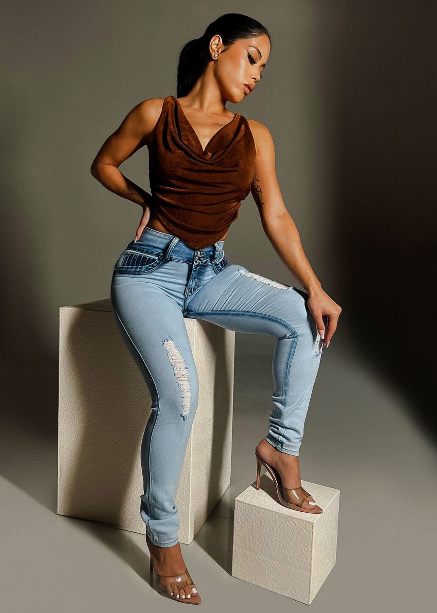 Sleeveless Cowl Neckline Fitted Crop Top Brown sold by Moda product image thumbnail 2