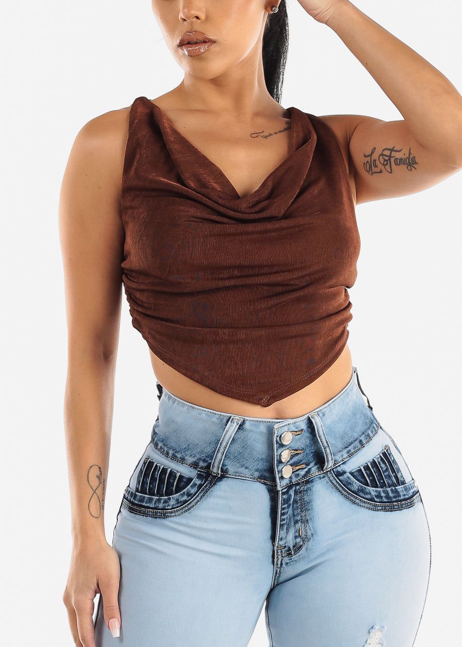 Sleeveless Cowl Neckline Fitted Crop Top Brown sold by Moda product image thumbnail 3