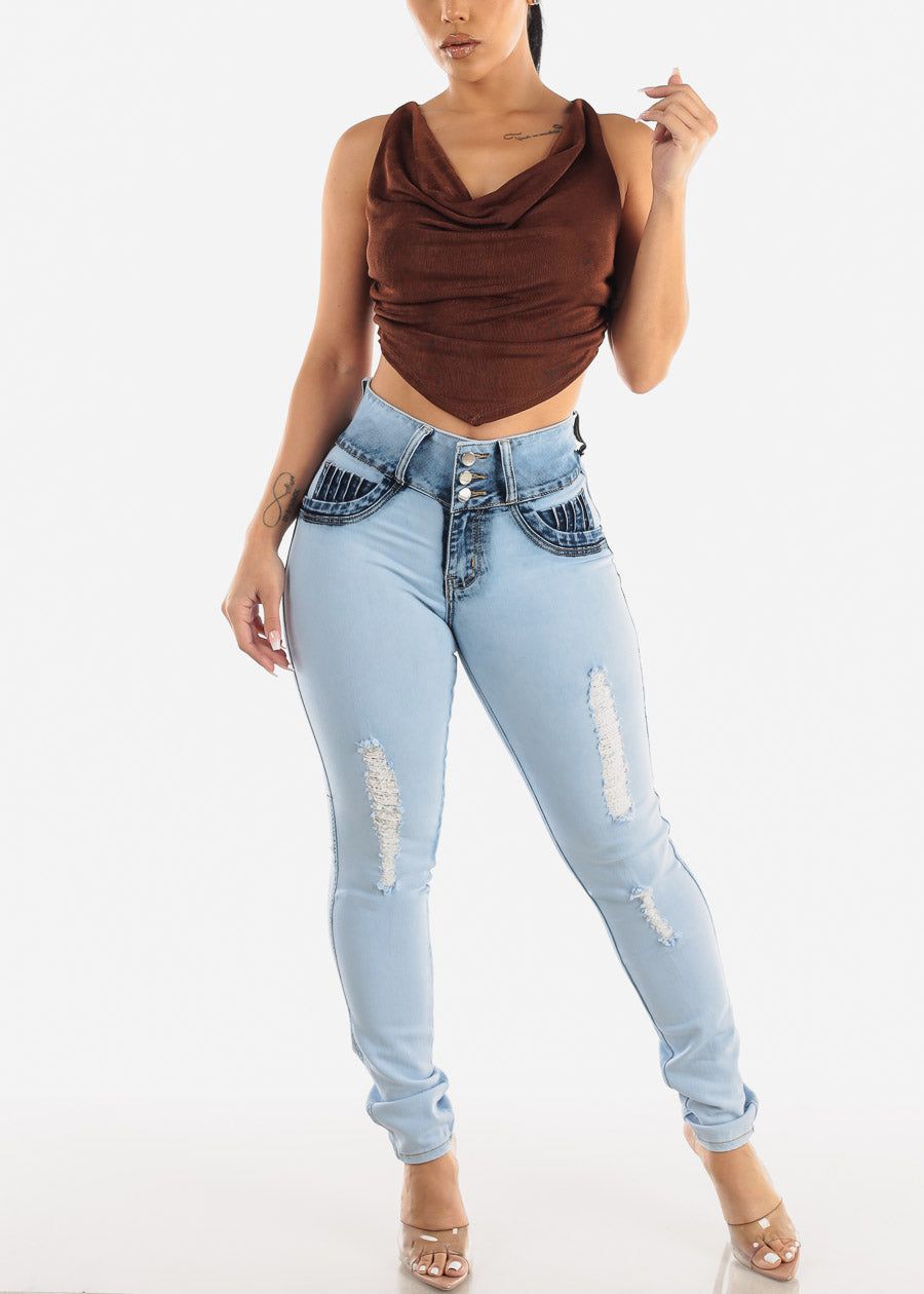 Sleeveless Cowl Neckline Fitted Crop Top Brown sold by Moda product image thumbnail 4