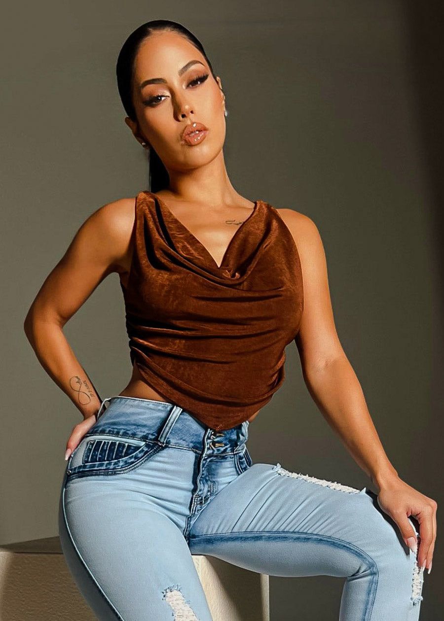 Sleeveless Cowl Neckline Fitted Crop Top Brown sold by Moda