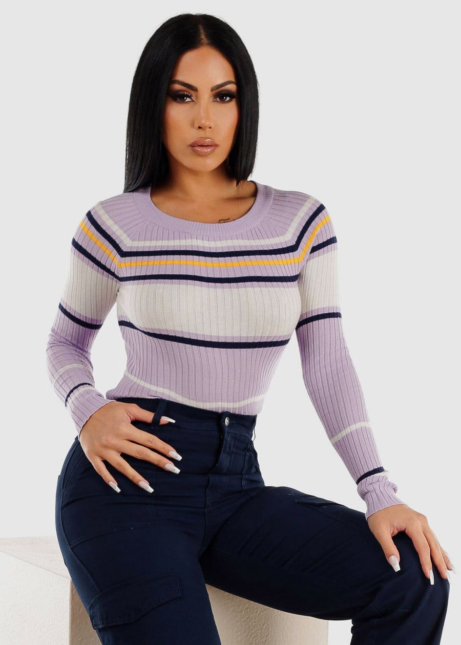 Long Sleeve Multi Stripe Sweater Lilac sold by Moda
