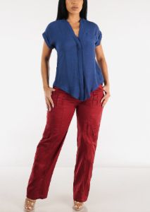 High Waisted Straight Wide Leg Cargo Pants Brick sold by Moda