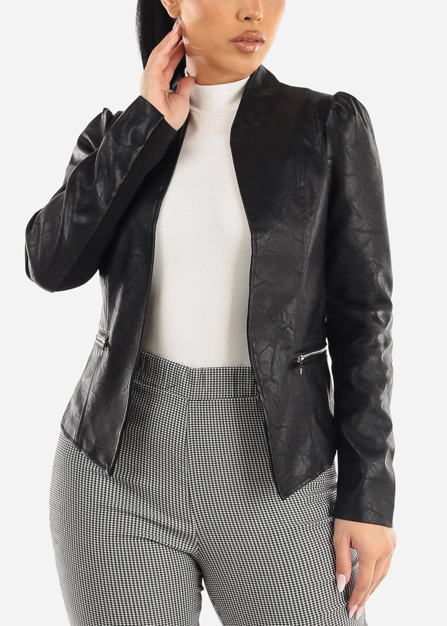 Black Open Front Long Sleeve Vegan Leather Jacket sold by Moda