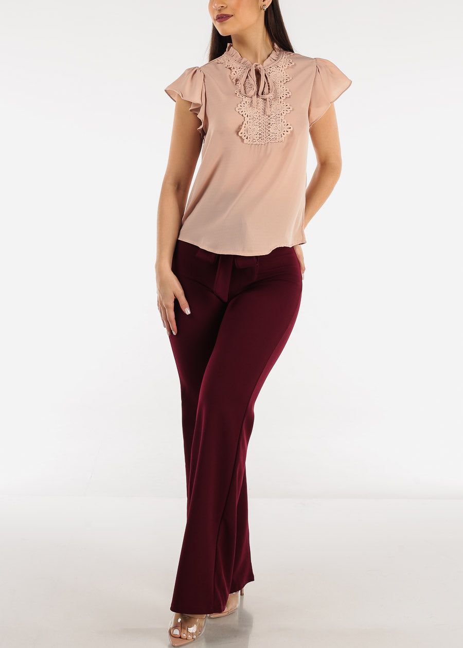 Short Sleeve Lace Trim Neck Tie Top Nude sold by Moda product image thumbnail 2