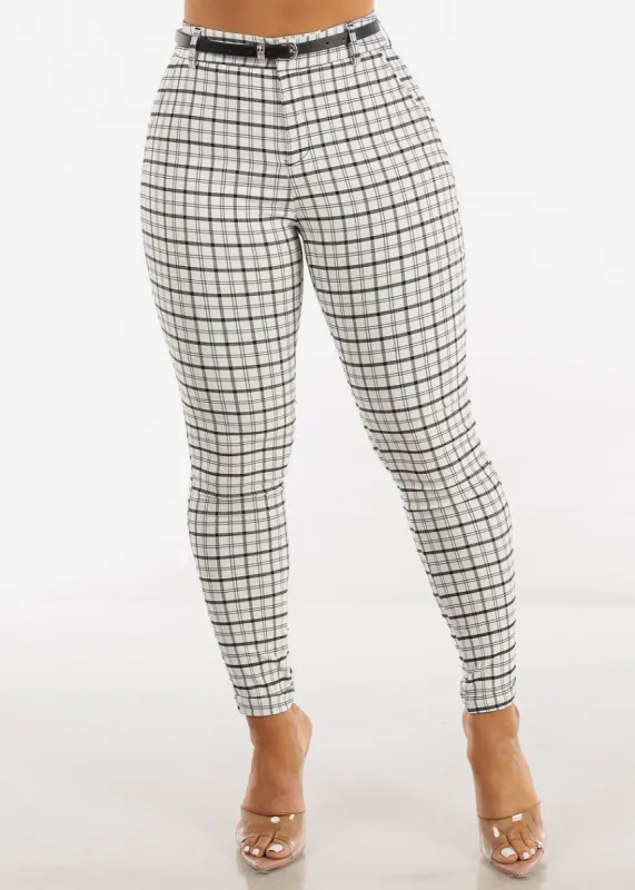 High Waisted White Checkered Skinny Pants w Belt sold by Moda