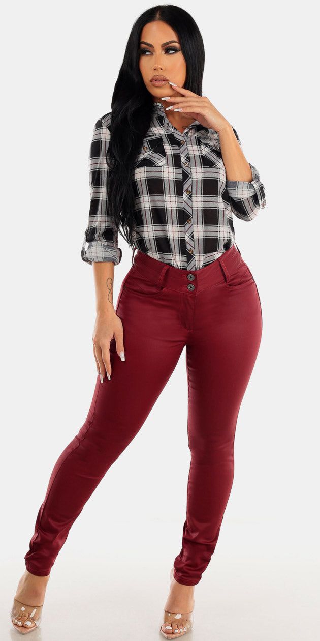 Levantacola Wine Pleather Skinny Jeans with Black Long Sleeve Plaid Button Up Shirt sold by Moda