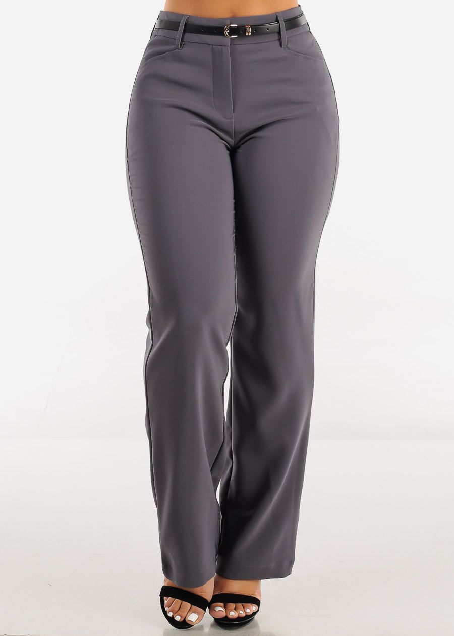 High Waist Bootcut Dress Pants Charcoal w Belt sold by Moda