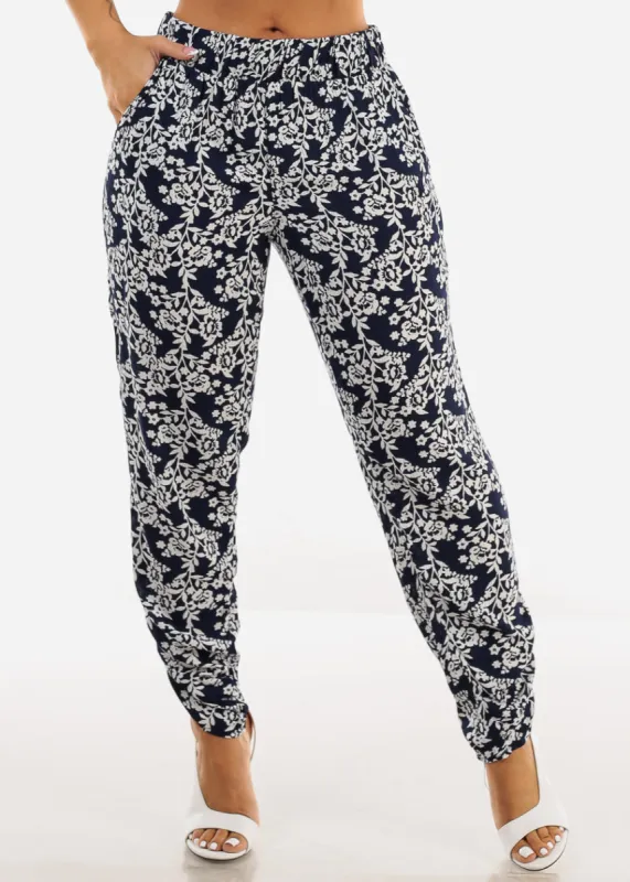 Casual Super High Waist Printed Pants Navy & White made by Moda