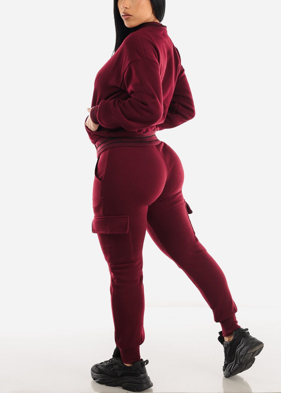 Fleece High Waist Cargo Jogger Sweatpants Burgundy sold by Moda product image thumbnail 5