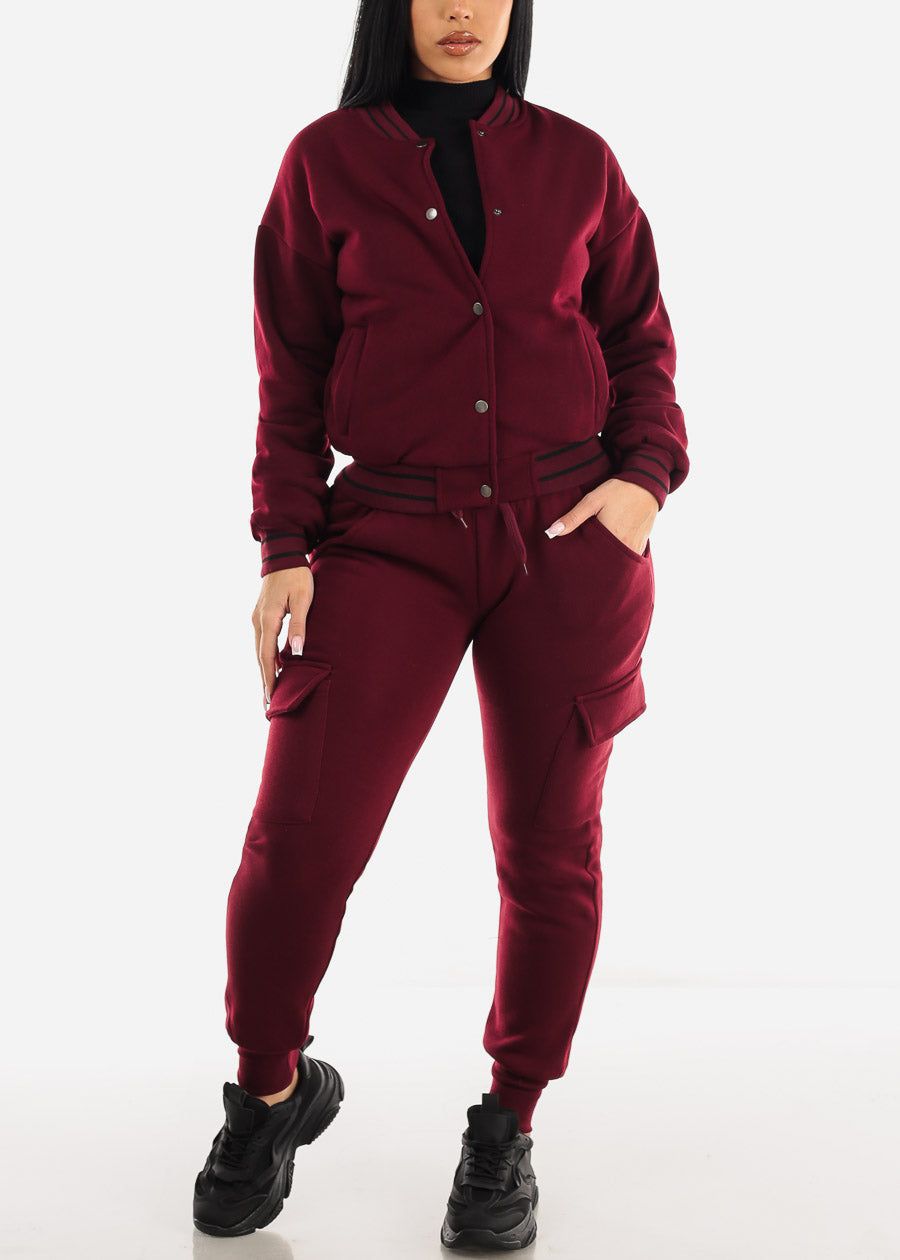 Fleece High Waist Cargo Jogger Sweatpants Burgundy sold by Moda product image thumbnail 2