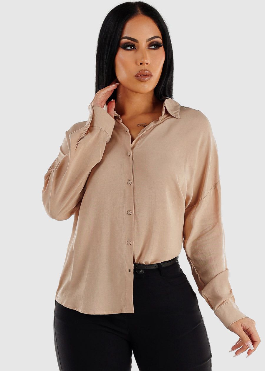Beige Oversized Long Sleeve Button Down Shirt sold by Moda