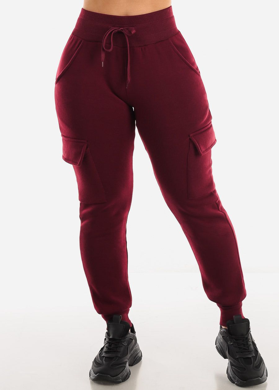 Fleece High Waist Cargo Jogger Sweatpants Burgundy sold by Moda