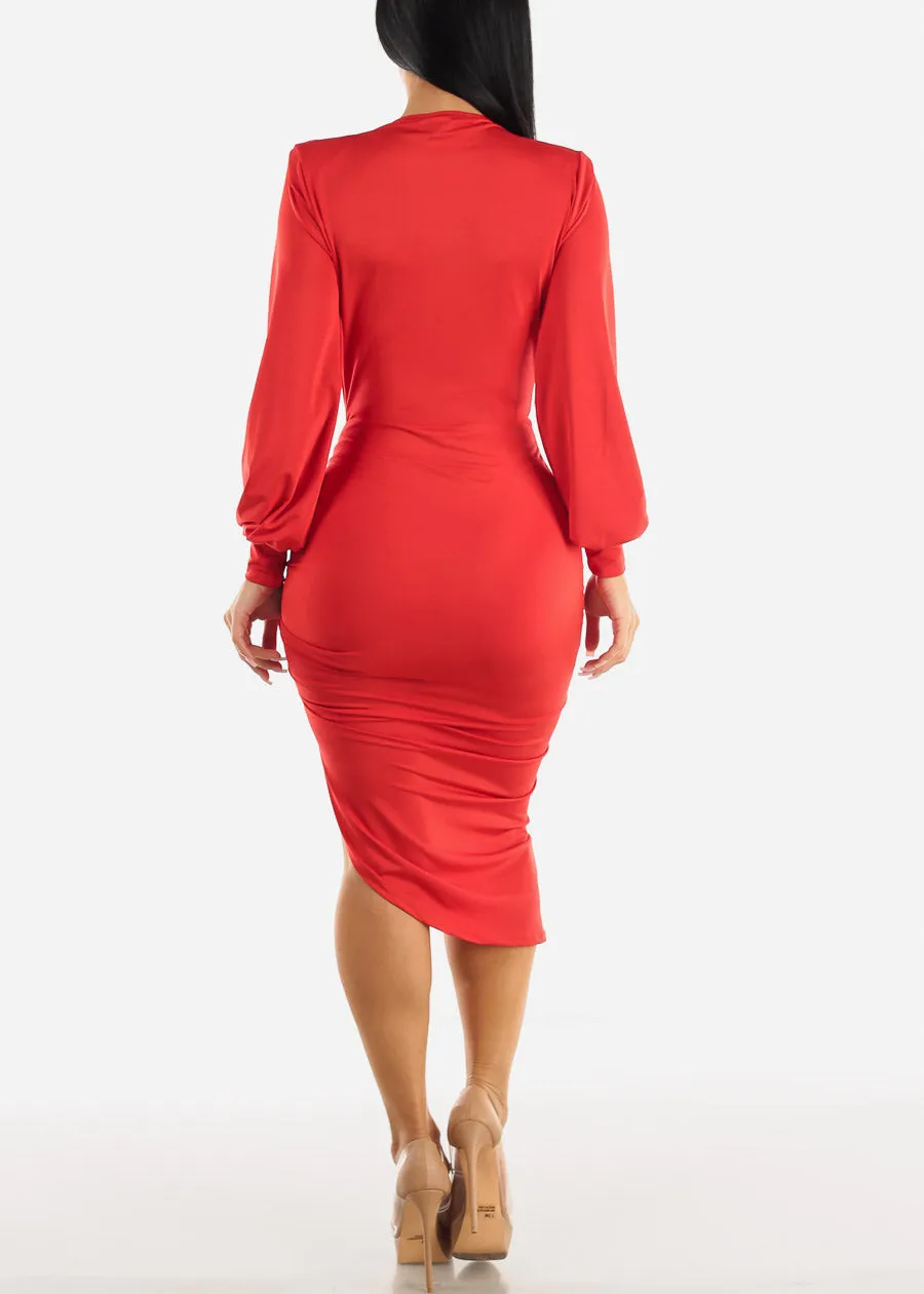 Red Long Sleeve Overlap Front Slit Dress sold by Moda product image thumbnail 3