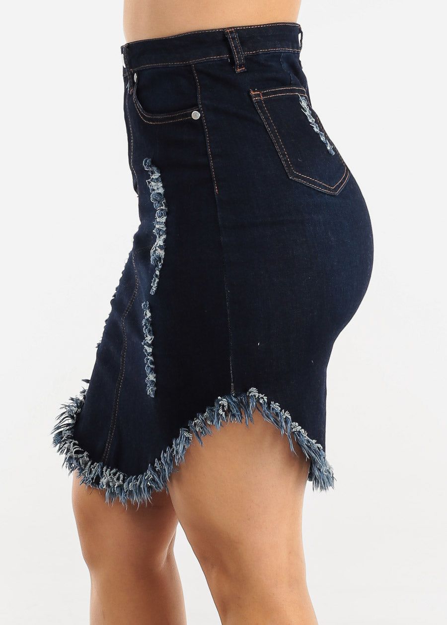 High Waist Ripped Fringe Hem Dark Denim Skirt sold by Moda product image thumbnail 3