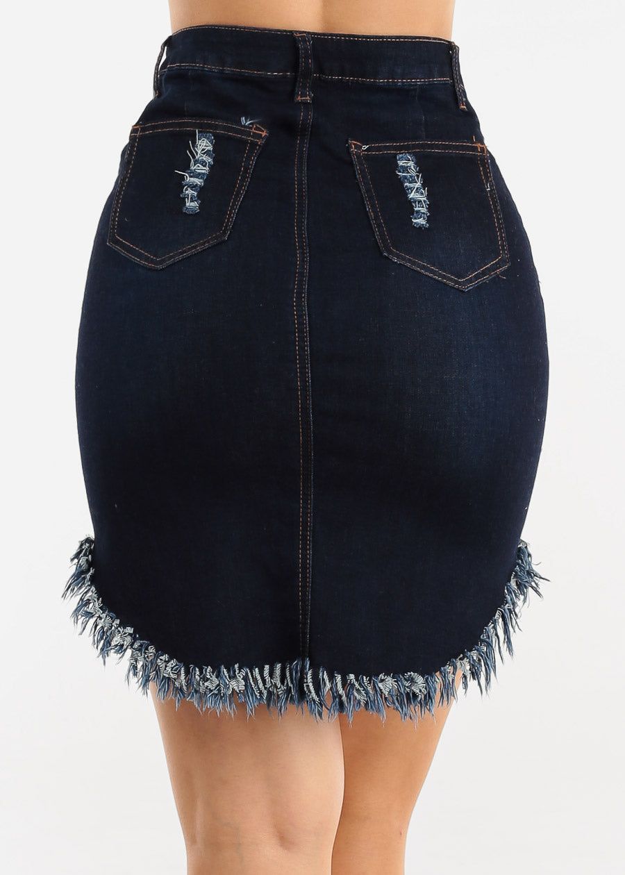 High Waist Ripped Fringe Hem Dark Denim Skirt sold by Moda product image thumbnail 4