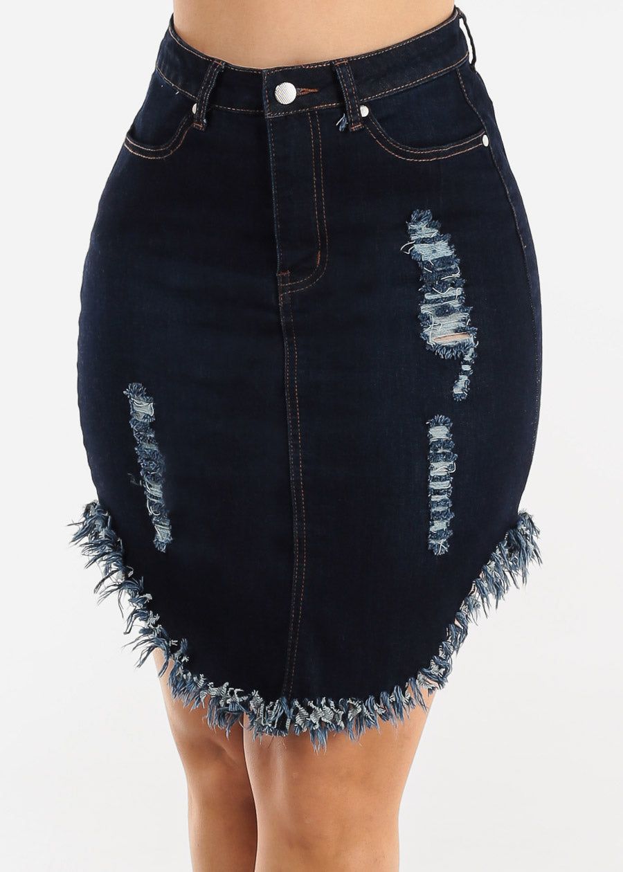 High Waist Ripped Fringe Hem Dark Denim Skirt sold by Moda
