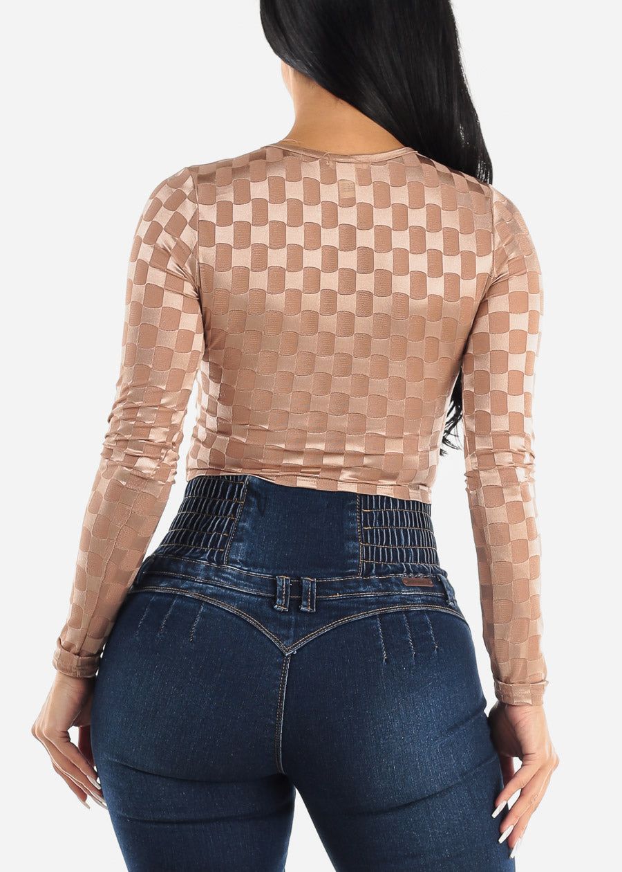 Long Sleeve Checkered Mesh Crop Top Nude sold by Moda product image thumbnail 6