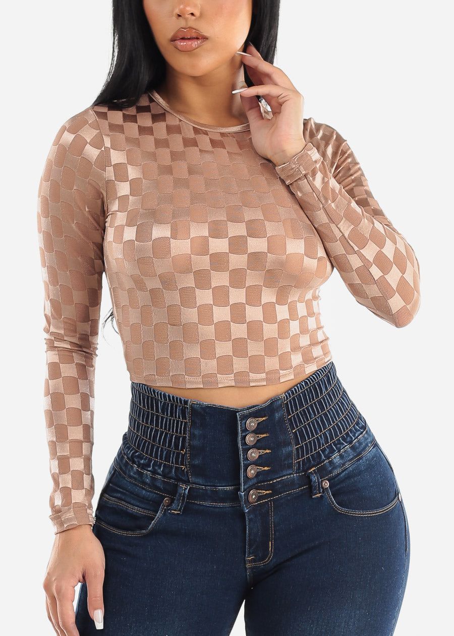 Long Sleeve Checkered Mesh Crop Top Nude sold by Moda product image thumbnail 3