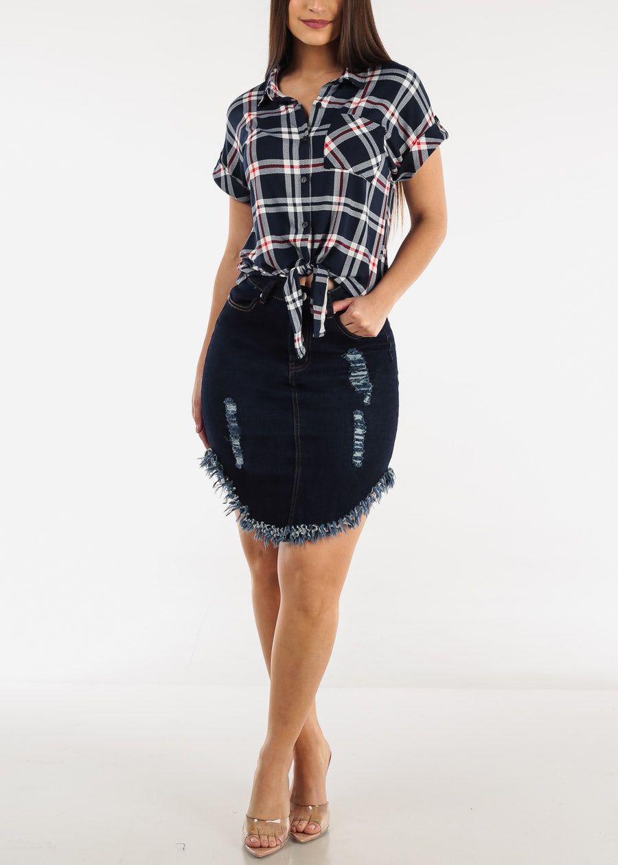 High Waist Ripped Fringe Hem Dark Denim Skirt sold by Moda product image thumbnail 2