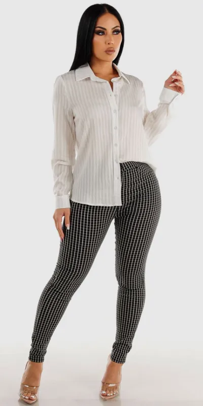 Black High Rise Checkered Dressy Skinny Pants with White Long Sleeve Button Up Tunic Shirt sold by Moda