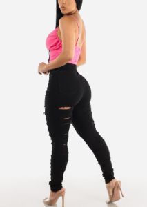 Black Distressed High Waist Skinny Jeans sold by Moda