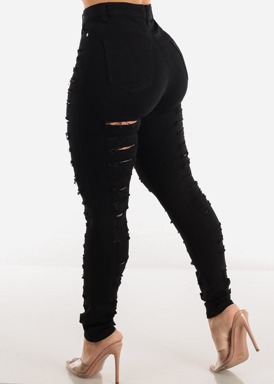Black Distressed High Waist Skinny Jeans sold by Moda