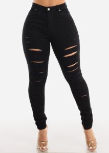 Black Distressed High Waist Skinny Jeans sold by Moda