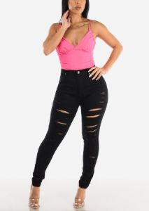 Black Distressed High Waist Skinny Jeans sold by Moda