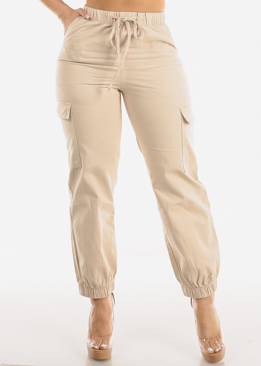 Cotton High Waist Cargo Jogger Pants Khaki sold by Moda
