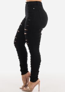 Black Distressed High Waist Skinny Jeans sold by Moda