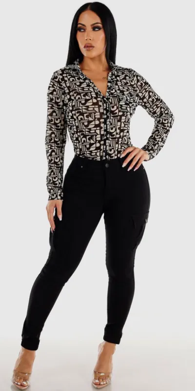 Black Hyper Stretch Cargo Jogger Pants with Long Sleeve Black Printed Button Up Blouse sold by Moda