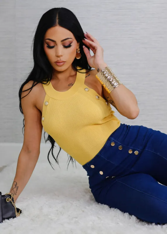 Halter Neck Ribbed Top Yellow w Gold Buttons sold by Moda