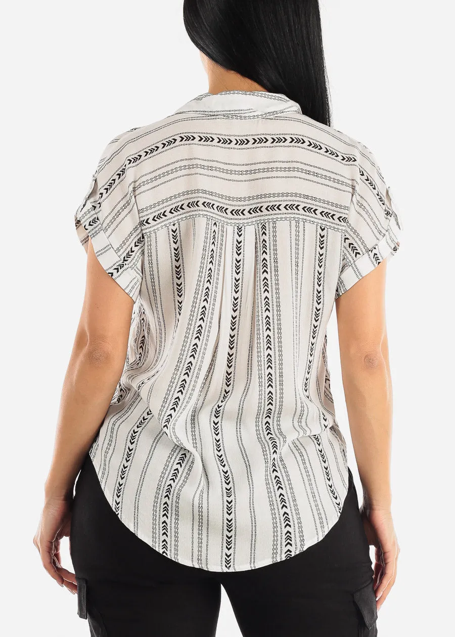 Stripe Short Cap Sleeve Button Up Shirt Ivory & Black sold by Moda product image thumbnail 4