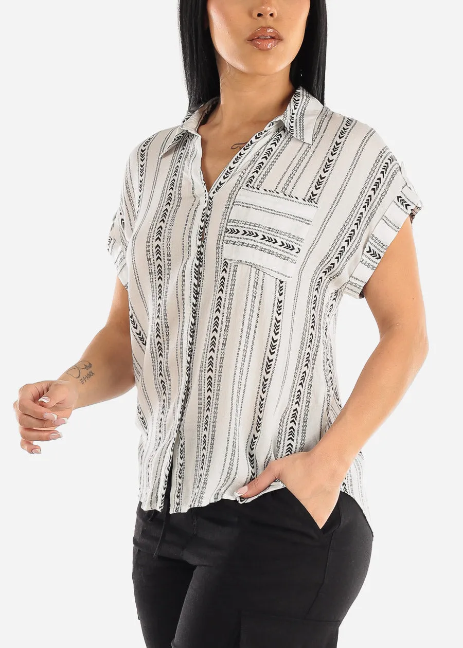 Stripe Short Cap Sleeve Button Up Shirt Ivory & Black sold by Moda