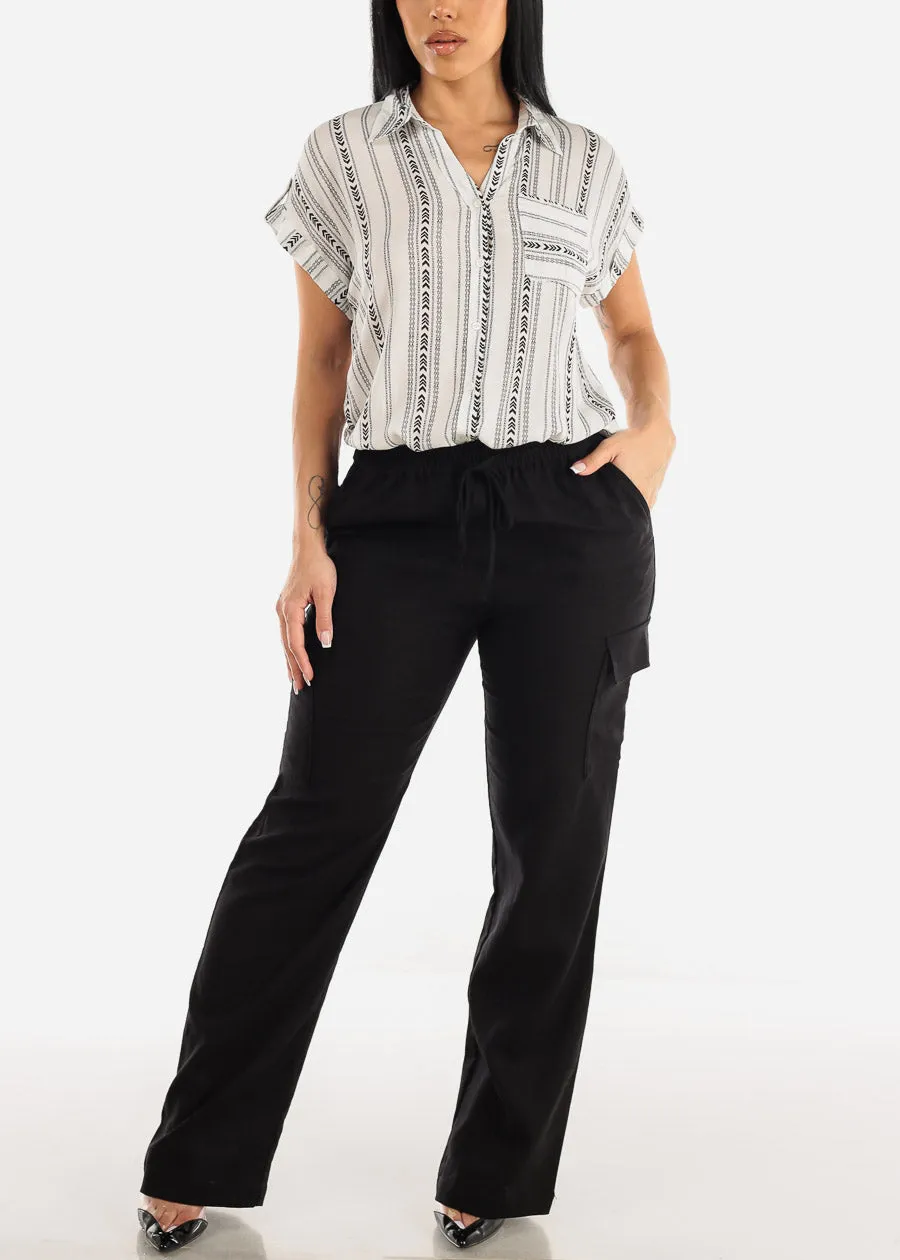 Stripe Short Cap Sleeve Button Up Shirt Ivory & Black sold by Moda product image thumbnail 2