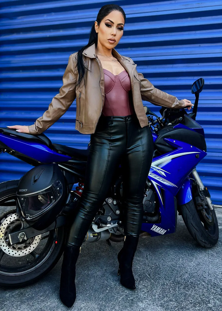 Vegan Leather Zip Up Moto Jacket Light Brown sold by Moda product image thumbnail 3