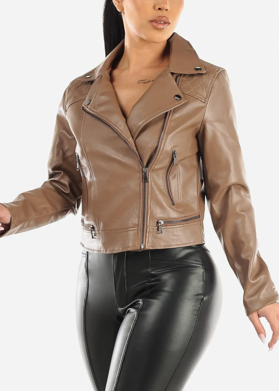 Vegan Leather Zip Up Moto Jacket Light Brown sold by Moda product image thumbnail 2