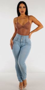 Butt Lifting High Rise Light Blue Skinny Jeans with Sleeveless Khaki Thong Bodysuit sold by Moda