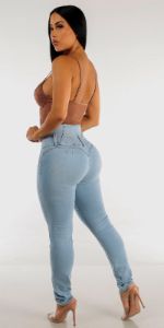 Butt Lifting High Rise Light Blue Skinny Jeans with Sleeveless Khaki Thong Bodysuit sold by Moda