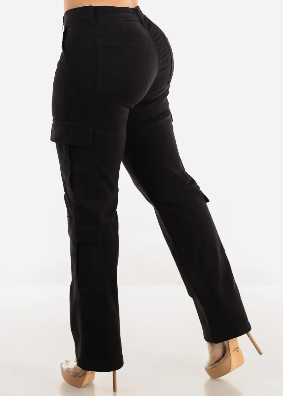 Butt Lift Mid Rise Straight Wide Leg Cargo Pants Black sold by Moda