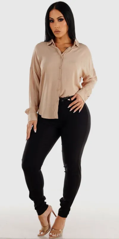 Black Belted High Waist Dressy Skinny Pants with Beige Long Sleeve Button Up Shirt sold by Moda