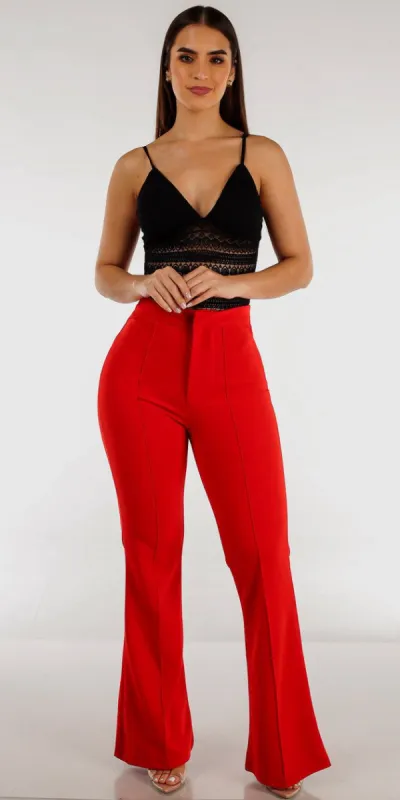 Red Wide Leg Flared Pants with Sleeveless Black Lace Bodysuit sold by Moda