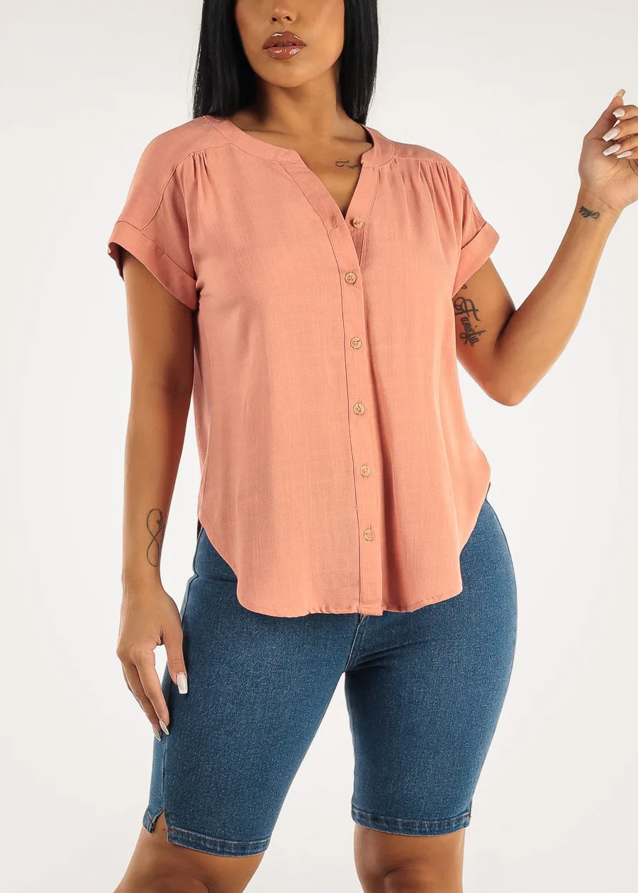 Short Sleeve Loose Button Up Peach Blouse sold by Moda
