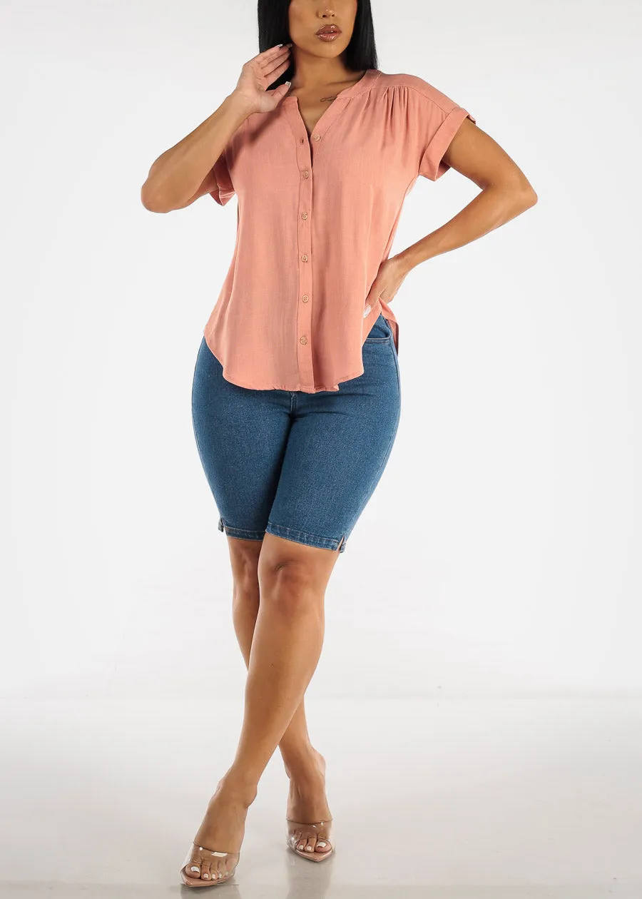 Short Sleeve Loose Button Up Peach Blouse sold by Moda product image thumbnail 2