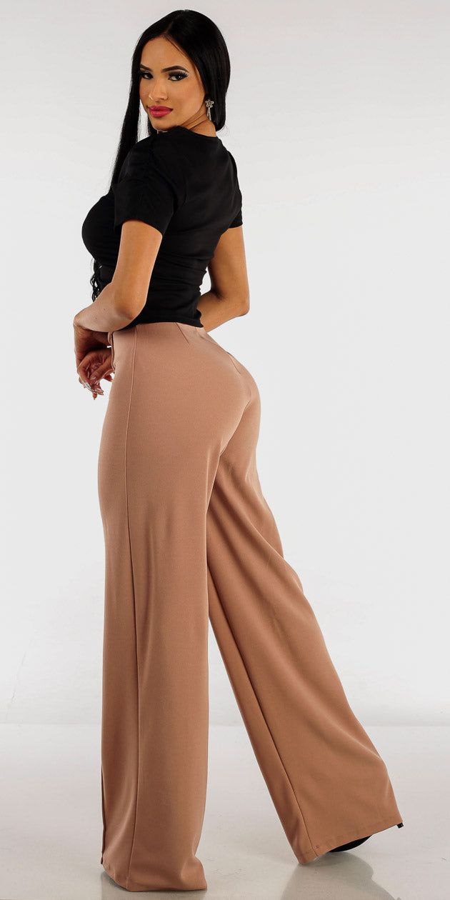 High Rise Wide Legged Taupe Pants with Black Short Sleeve Ruched Top sold by Moda product image thumbnail 2