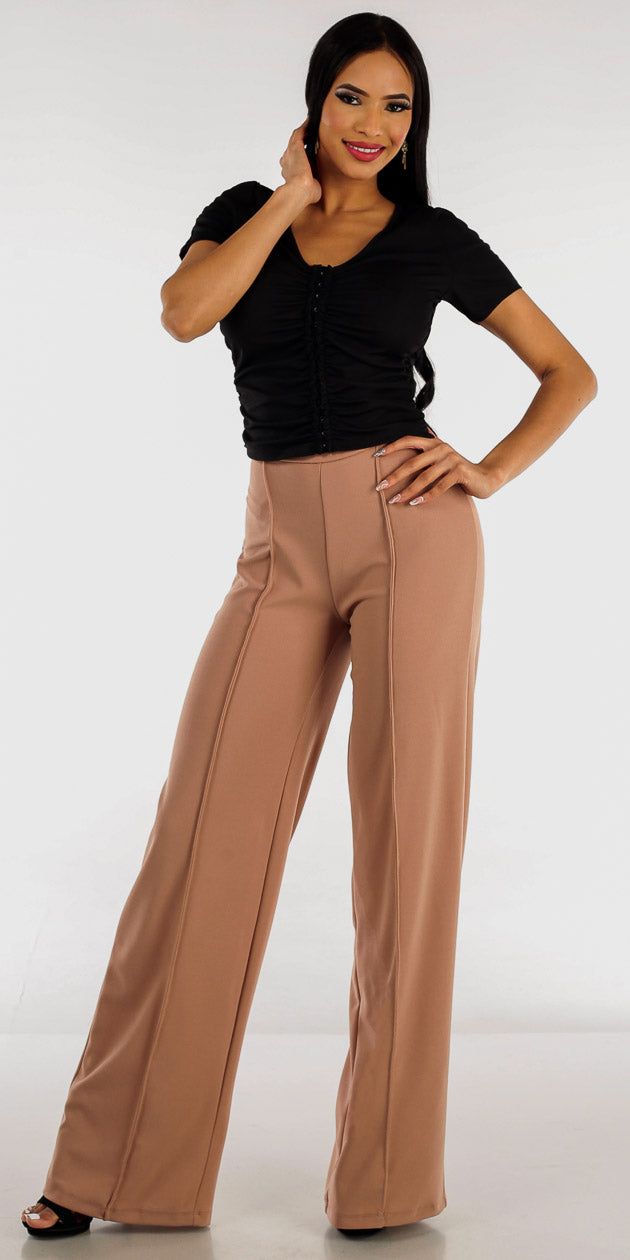 High Rise Wide Legged Taupe Pants with Black Short Sleeve Ruched Top sold by Moda