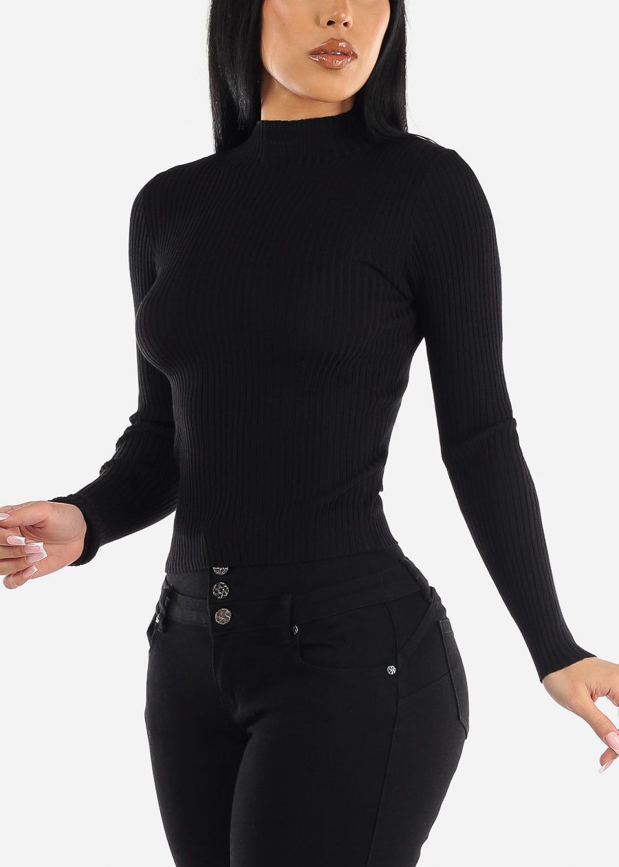 Black Long Sleeve Mock Neck Ribbed Sweater sold by Moda