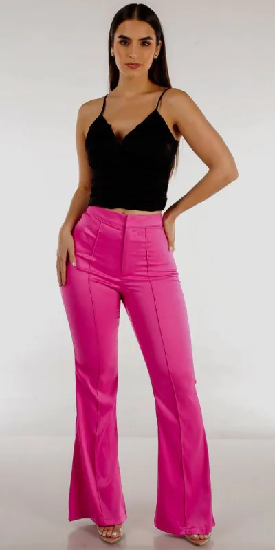 Fuchsia Satin Flared Pants with Black Sleeveless Ruched Top sold by Moda